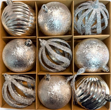 Set De 9 Bolas Navideñas Plateadas 8cm
