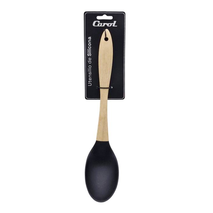 Cuchara De Guiso Silicona Negra Mango Madera Carol 