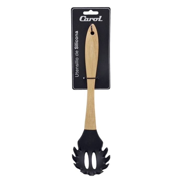 Cuchara De Pasta Silicona Negra Mango Madera  Carol 