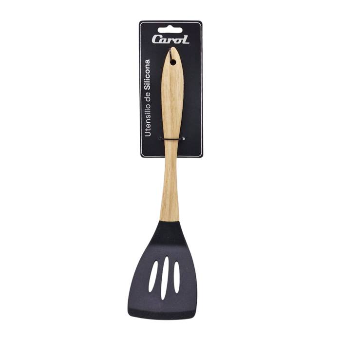 Espátula Calada Silicona Negra Mango Madera  Carol 