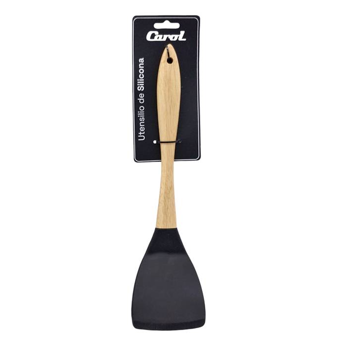 Espátula Lisa Silicona  Negra Mango Madera Carol 