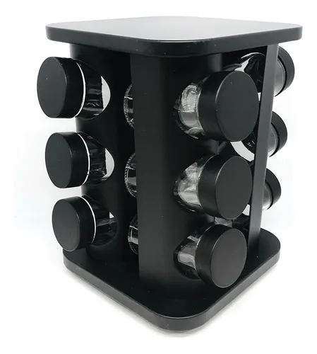 Especiero Cuadrado Negro Giratorio X12 Frascos 