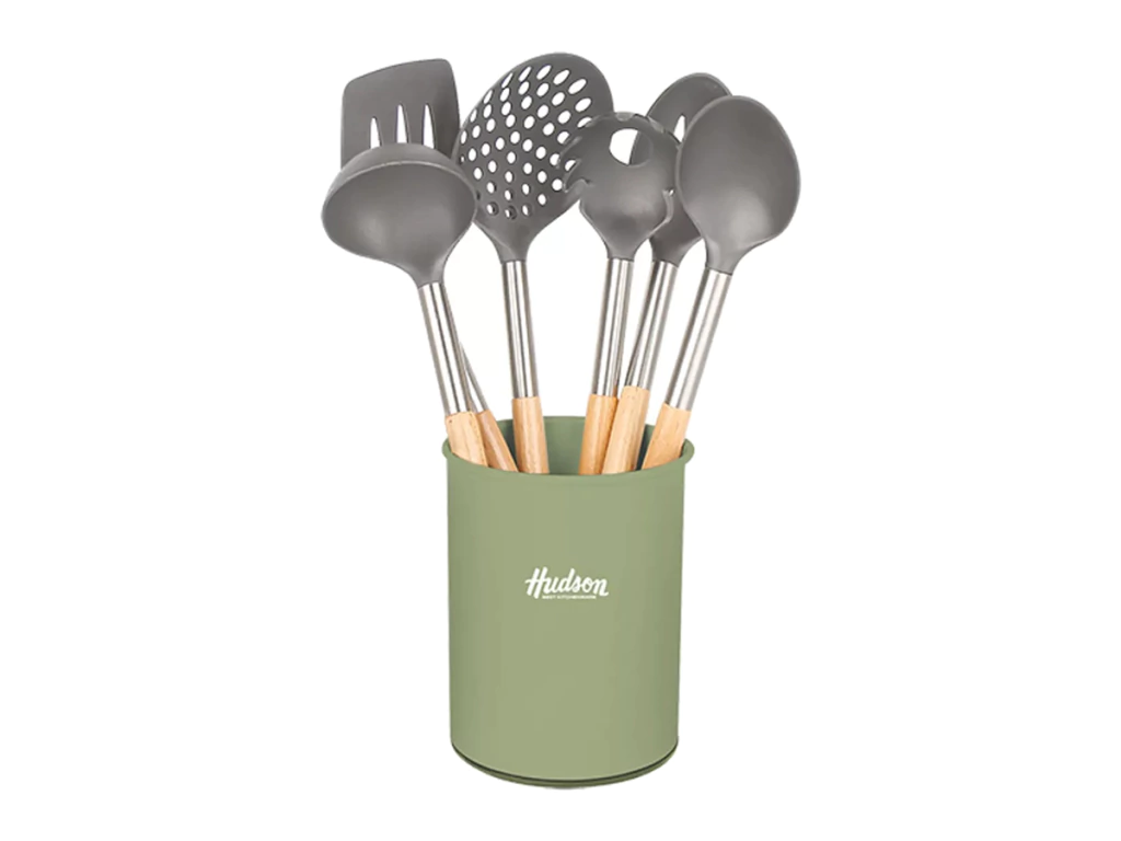 Set X6 Utensilios Hudson Mango  Madera Base Giratoria  Olive
