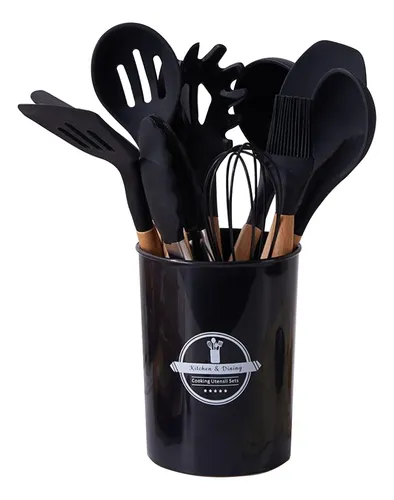 Set  X12 Utensilios Cocina Mango Madera Punta Silicona Negro