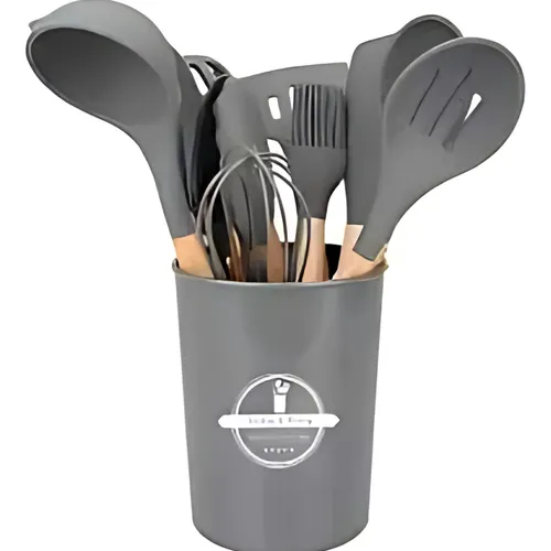 Set X12 Utensilios Cocina Mango Madera Punta Silicona Gris